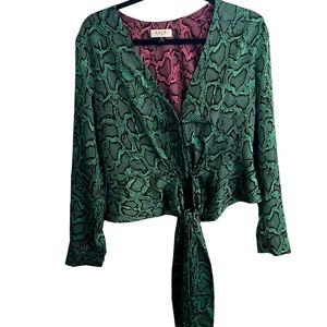 Delfi Collective long sleeve button front green and pink snake print blouse